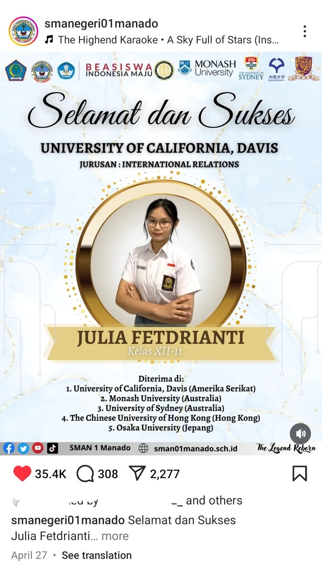 Prestasi Gemilang! Siswa SMAN 1 Manado, Julia Fetdrianti, Diterima di 5 Universitas Ternama Dunia