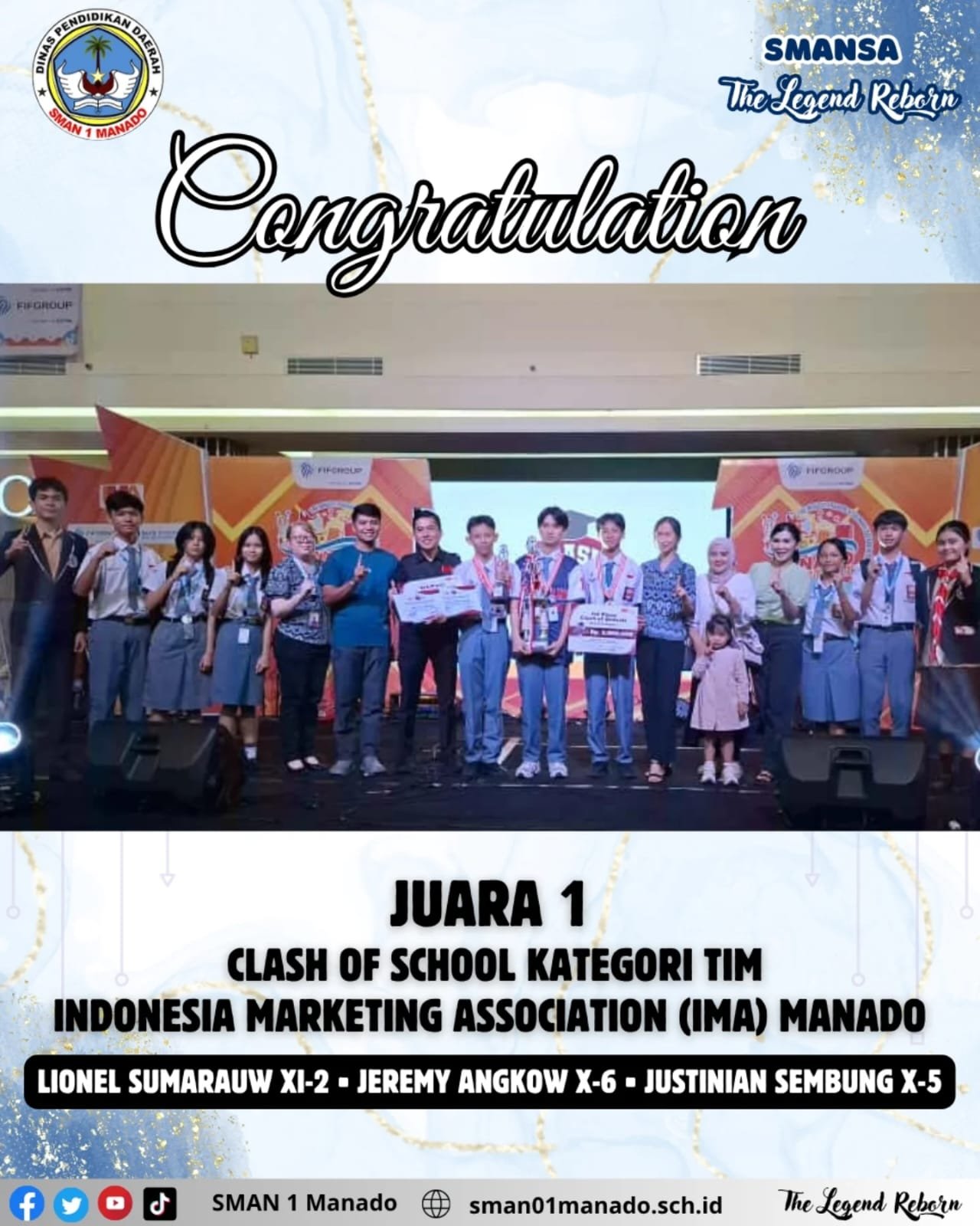 Siswa-siswi SMA Negeri 1 Manado Raih Juara 1 pada Lomba Clash of School Kategori Tim Indonesia Marketing Association (IMA) Manado