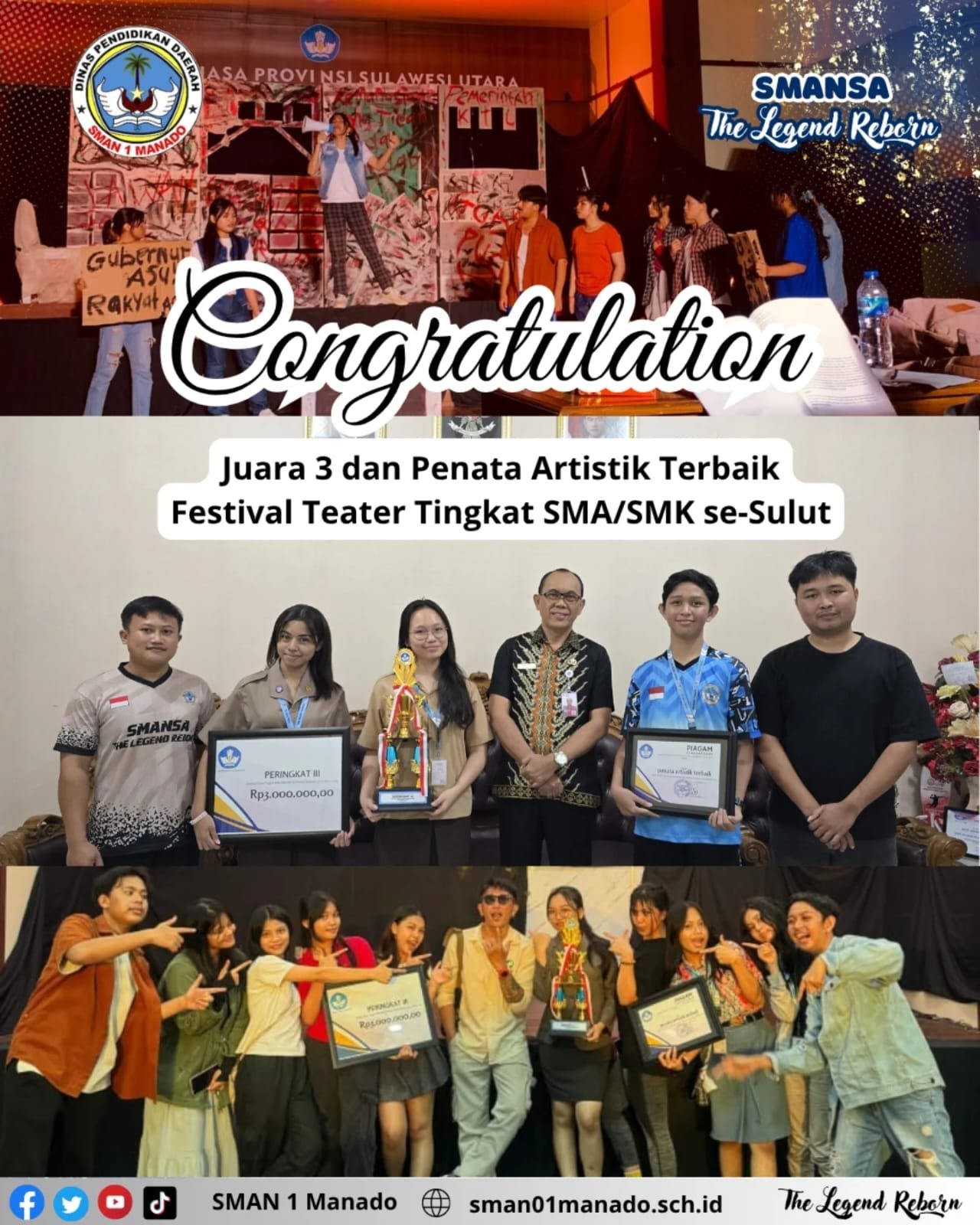 Tim Theater SMA Negeri 1 Manado Raih Juara 3 dan Penata Artistik Terbaik di Festival Teater Tingkat SMA/SMK se-Sulut