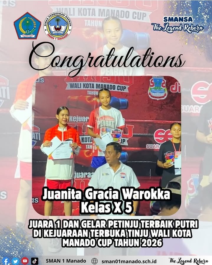 Juanita Gracia Warokka Perwakilan SMA Negeri 1 Manado raih Juara 1 dan Gelar Petinju Terbaik Putri di Kejuaraan Terbuka Tinju Wali Kota Manado Tahun 2026