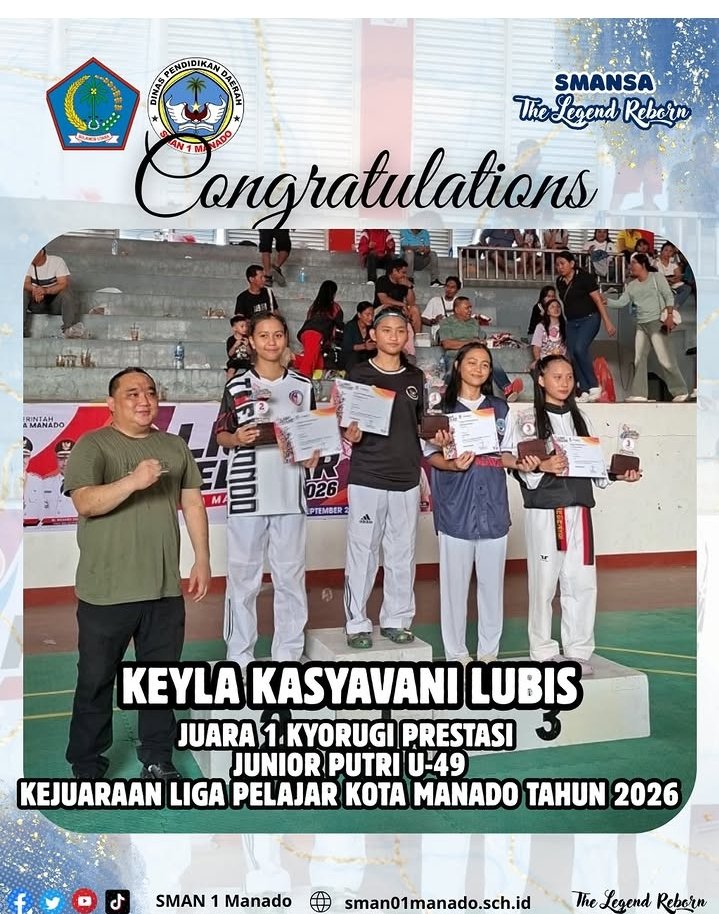 Siswi-siswi Perwakilan SMA Negeri 1 Manado raih Juara 1 dan 2 Kyorugi Prestasi Junior Putri U-49 Kejuaraan Liga Pelajar Kota Manado Tahun 2026