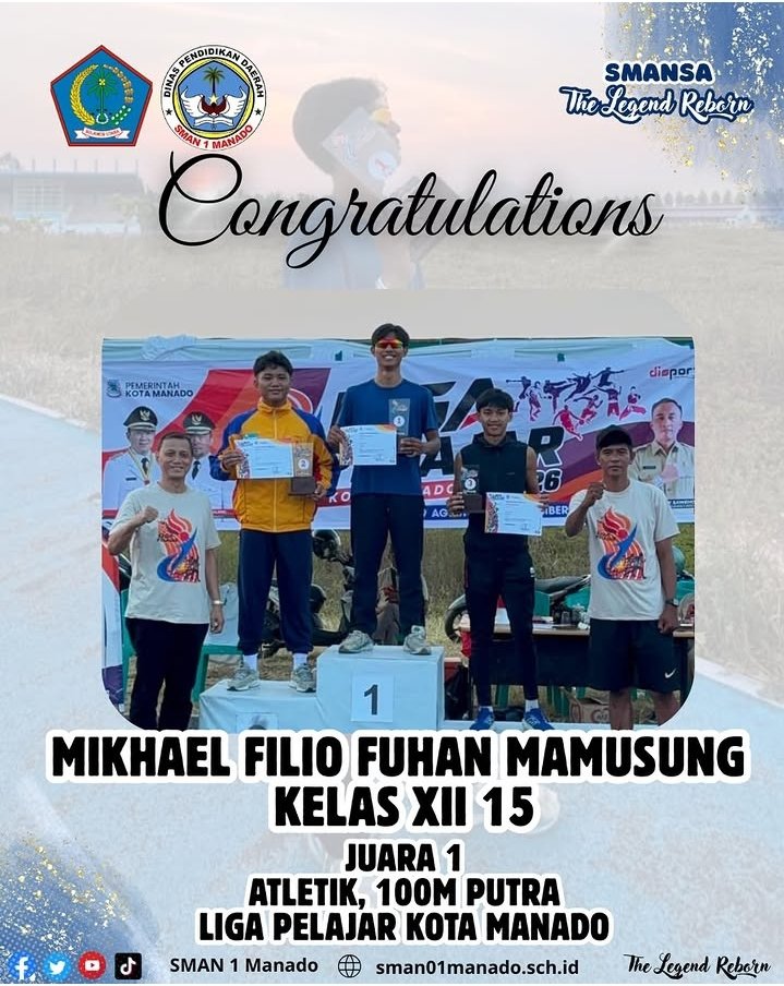 Mikhael Filio Fuhan Mamusung Perwakilan SMA Negeri 1 Manado raih Juara 1 Atletik, 100M Putra Liga Pelajar Kota Manado
